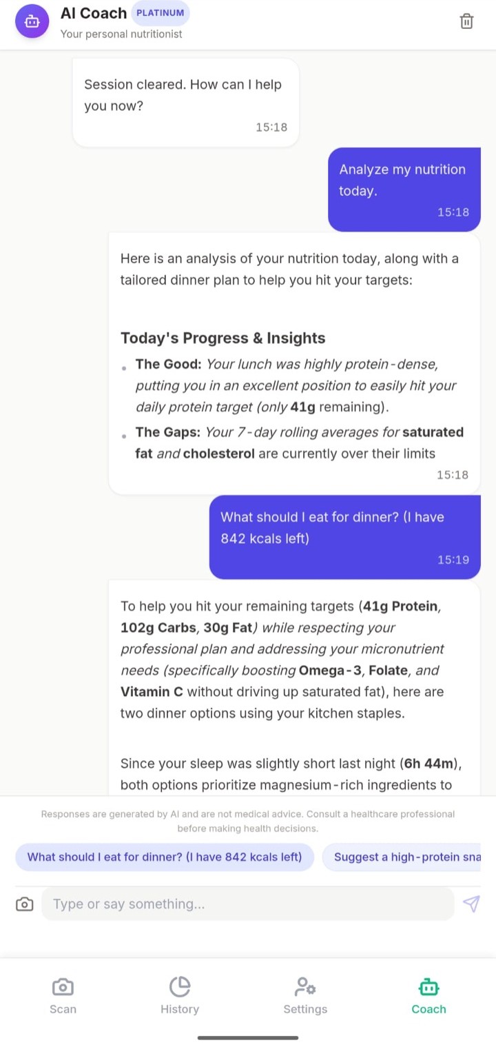 KcalScan AI coach chat analyzing the day's nutrition and suggesting a tailored dinner plan