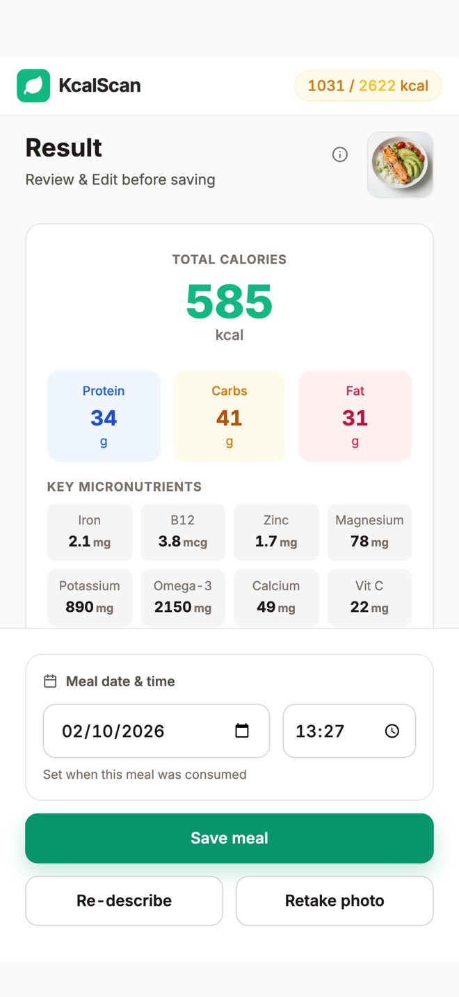 KcalScan scan result for a salmon bowl: 585 kcal, 34 g protein, 41 g carbs and 31 g fat, with key micronutrients