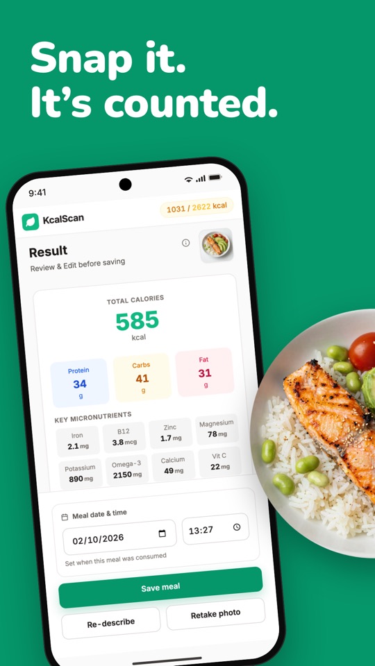 Snap it. It’s counted. A photo of a salmon bowl becomes 585 kcal with its macros