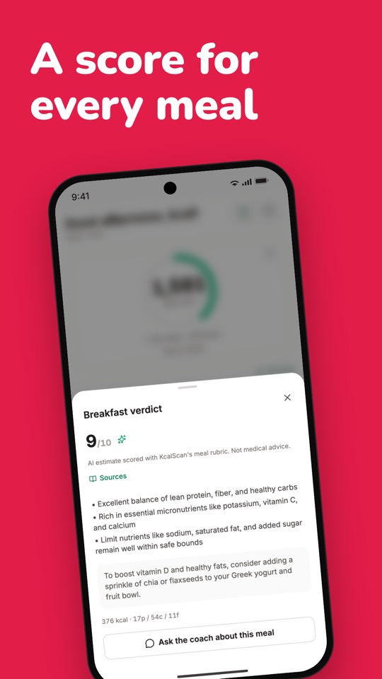 A score for every meal: the AI verdict rates a breakfast 9/10 and adds one tip